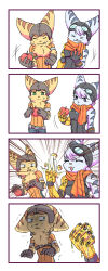Rule 34 | 1boy, 1girl, 4koma, apple, arms up, breasts, comic, food, fruit, furry, furry female, furry male, goggles, goggles on head, highres, lombax, looking at another, mechanical arms, ratchet &amp; clank, ratchet &amp; clank: rift apart, ratchet (ratchet &amp; clank), rivet (ratchet &amp; clank), scarf, single mechanical arm, smile, striped fur, wrench