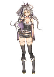 Rule 34 | 1girl, absurdres, bare shoulders, black footwear, black panties, black thighhighs, boots, bow, camisole, choker, contrapposto, detached sleeves, drill hair, fingerless gloves, full body, gloves, gluteal fold, grey hair, hair bow, hand on own hip, highres, long hair, looking at viewer, luo tianyi, microskirt, navel, onceskylark, panties, skindentation, skirt, smile, solo, standing, steam, thighhighs, twin drills, twintails, underwear, vocaloid, vocanese, white background, yellow eyes