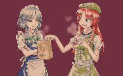 Rule 34 | 2girls, annoyed, apron, bag, baozi, blue eyes, braid, brown background, chinese clothes, commentary, crossed arms, eating, food, frown, grey eyes, hat, hong meiling, izayoi sakuya, long hair, looking at another, maid, maid apron, maid headdress, maroon background, meimaru inuchiyo, multiple girls, orange hair, paper bag, short hair, silver hair, touhou, twin braids