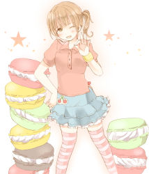 Rule 34 | 1girl, female focus, food, gradient background, macaron, one eye closed, open mouth, original, pastry, side ponytail, skirt, solo, star (symbol), striped clothes, striped thighhighs, thighhighs, white background, wink, yoshioka mitsuko, zettai ryouiki