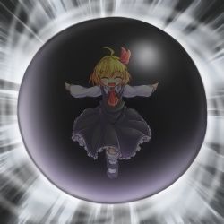 Rule 34 | 1girl, :d, ^ ^, ascot, blonde hair, blouse, closed eyes, darkness, derivative work, duel monster, frilled skirt, frills, fun bo, hair ribbon, open mouth, orb, outstretched arms, ribbon, rumia, rumia (darkness), shirt, short hair, skirt, smile, spread arms, the wicked avatar, touhou, vest, yu-gi-oh!