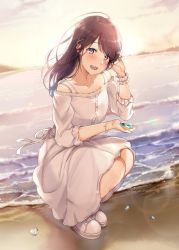 Rule 34 | 1girl, :d, adjusting hair, bad id, bad pixiv id, beach, blue eyes, blush, bracelet, brown hair, cloud, dress, hand up, head tilt, highres, hisao 0111, holding, jewelry, long hair, long sleeves, looking at viewer, ocean, open mouth, original, outdoors, shoes, sky, smile, sneakers, solo, squatting, sun, sundress, sunset, water, white dress, white footwear