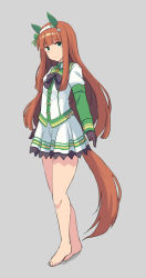 Rule 34 | 1girl, animal ears, barefoot, black bow, black gloves, blue eyes, blush, bow, brown hair, closed mouth, commentary request, full body, gloves, green shirt, grey background, hairband, horse ears, horse girl, horse tail, jacket, kugui kiyunemu, layered sleeves, long hair, long sleeves, looking at viewer, pleated skirt, puffy short sleeves, puffy sleeves, shadow, shirt, short over long sleeves, short sleeves, silence suzuka (umamusume), simple background, skirt, smile, solo, standing, tail, umamusume, very long hair, white hairband, white jacket, white skirt