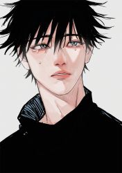 Rule 34 | 1boy, black hair, black jacket, blue eyes, crying, crying with eyes open, eyelashes, fushiguro megumi, hair between eyes, high collar, highres, jacket, jujutsu kaisen, li chestnuts, lips, long sleeves, looking away, male focus, nose, parted lips, portrait, short hair, simple background, solo, spiked hair, tears