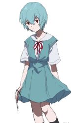 Rule 34 | 1girl, ayanami rei, black socks, bleeding, blood, blood on hands, blue hair, clenched hand, closed mouth, collarbone, dated, feet out of frame, female focus, highres, looking at viewer, neon genesis evangelion, red eyes, ribbon, school uniform, short hair, short sleeves, simple background, socks, solo, standing, tagme, takatisakana, tokyo-3 middle school uniform, white background