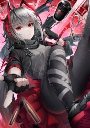 Rule 34 | 1girl, ahoge, antennae, arknights, black footwear, black gloves, black jacket, black pantyhose, black scarf, breasts, demon horns, fingerless gloves, gloves, grey hair, grey shirt, highres, horns, jacket, looking at viewer, nail polish, noro assumed, open clothes, open jacket, pantyhose, parted lips, red eyes, red nails, scarf, shell casing, shirt, shoes, sleeves past elbows, small breasts, smile, solo, w (arknights)