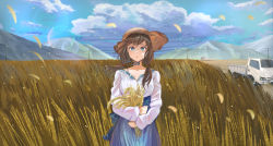 Rule 34 | 1girl, blue eyes, blue skirt, blue sky, breasts, brown hair, brown hat, cloud, cloudy sky, collarbone, commentary request, day, hair over shoulder, hat, long hair, long sleeves, looking at viewer, low twintails, medium breasts, mosta (lo1777789), motor vehicle, mountain, original, outdoors, parted lips, pickup truck, power lines, shirt, skirt, sky, solo, truck, twintails, utility pole, wheat, wheat field, white shirt, wide sleeves