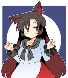 Rule 34 | 1girl, animal ear fluff, animal ears, blush, brooch, brown hair, closed mouth, collarbone, dress, frilled sleeves, frills, highres, imaizumi kagerou, ini (inunabe00), jewelry, long hair, long sleeves, red dress, red eyes, solo, touhou, upper body, white dress, wolf ears
