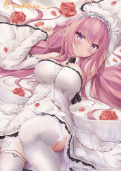 Rule 34 | 1girl, absurdres, armpits, azur lane, bare shoulders, bed sheet, commentary request, detached collar, detached sleeves, dress, eyes visible through hair, flower, frilled sleeves, frills, hairband, highres, key, lolita hairband, long hair, looking at viewer, lying, makihige, off-shoulder dress, off shoulder, perseus (azur lane), petals, pink hair, purple eyes, rose, sidelocks, solo, thighhighs, twitter username, white dress, white thighhighs, wide sleeves, zettai ryouiki