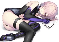 Rule 34 | 1girl, armor, black-framed eyewear, black thighhighs, boots, breasts, clothing cutout, elbow gloves, unworn eyewear, fate/grand order, fate (series), glasses, gloves, hair over one eye, highres, holding, holding removed eyewear, impossible clothes, impossible leotard, lasa (lasa1116), leotard, looking at viewer, lying, mash kyrielight, medium breasts, navel, navel cutout, on side, parted lips, pink hair, purple eyes, reflective floor, short hair, solo, thigh boots, thighhighs, turtleneck
