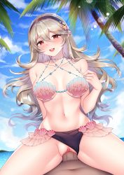 Rule 34 | 1boy, 1girl, :d, alternate costume, arm behind back, banglinh1997, bare arms, bare shoulders, bikini, black hairband, blue sky, blush, breasts, brown hair, collarbone, corrin (female) (fire emblem), corrin (fire emblem), cowgirl position, dark-skinned male, dark skin, day, fire emblem, fire emblem fates, girl on top, hairband, highres, large breasts, lens flare, long hair, lying, mismatched bikini, navel, nintendo, on back, open mouth, outdoors, palm tree, penis, pointy ears, pussy, red eyes, saliva, sex, shell, shell bikini, sky, smile, spread legs, starfish hair ornament, stomach, straddling, swimsuit, thighs, tree, uncensored, vaginal, very long hair