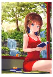 Rule 34 | 1girl, absurdres, bare arms, bare shoulders, bell, bird, blue eyes, blush, book, branch, breasts, brown hair, cleavage, closed mouth, collarbone, day, dress, hair ornament, hairclip, highres, holding, holding book, indoors, jingle bell, looking at viewer, medium breasts, na kyo, open book, original, red dress, scan, shiny skin, short dress, simple background, sitting, sleeveless, sleeveless dress, tatami, thighs, tree, water, waterfall, window