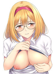 Rule 34 | 1girl, black bra, blonde hair, blush, bra, breasts, brown eyes, covering breasts, covering privates, djeeta (granblue fantasy), glasses, grabbing own breast, granblue fantasy, hairband, kauru00, large breasts, looking at viewer, shirt, short hair, smile, solo, underwear, white background, white shirt