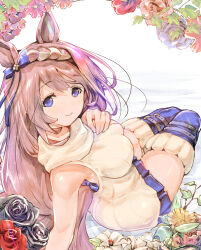 Rule 34 | 1girl, animal ears, bare shoulders, blue bow, blue eyes, blue skirt, blue thighhighs, bow, braid, brown hair, closed mouth, commentary request, ear bow, flower, highres, horse ears, horse girl, long hair, looking at viewer, multicolored hair, no jacket, pleated skirt, rose, skirt, sleeveless, sleeveless turtleneck, smile, solo, streaked hair, super creek (umamusume), sweater, thighhighs, turtleneck, turtleneck sweater, umamusume, usapenpen2019, very long hair, white hair