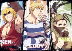 Rule 34 | 1girl, 2boys, armpits, bandaged hand, bandages, blonde hair, capcom, character name, cody travers, cuffs, dougi, forked eyebrows, grin, handcuffs, ibuki (street fighter), ken masters, mask, mouth mask, multiple boys, muscular, muscular male, ninja, ninja mask, pectoral cleavage, pectorals, prison clothes, red shirt, shirt, short hair, sideburns, sidepec, sleeveless, sleeveless shirt, smile, street fighter, thick eyebrows, upper body, yuiofire