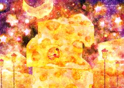 Rule 34 | 1girl, brown hair, cheese, crescent moon, food, food focus, lamppost, moon, night, original, sky, solo, star (sky), star (symbol), starry sky, wakusei habuti