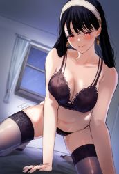 Rule 34 | 1girl, absurdres, bare shoulders, black bra, black hair, black panties, black thighhighs, blush, bra, breasts, cleavage, collarbone, earrings, hairband, highres, jewelry, lace, lace-trimmed bra, lace trim, large breasts, long hair, looking at viewer, mature female, navel, nyahpa20, panties, red eyes, sidelocks, smile, solo, spy x family, thighhighs, thighs, underwear, yor briar