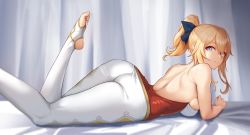 Rule 34 | 1girl, ass, bare shoulders, blonde hair, blue eyes, blue ribbon, breasts, feet up, genshin impact, hair between eyes, hair ribbon, highres, jean (genshin impact), long hair, looking at viewer, lying, medium breasts, on stomach, pants, parted lips, ponytail, ribbon, sidelocks, skindentation, solar (happymonk), solo, stirrup legwear, strapless, tareme, the pose, toeless legwear, toes