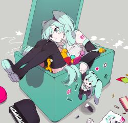 Rule 34 | 1girl, aqua eyes, aqua necktie, black footwear, blue hair, boots, box, broken, cable, character doll, child&#039;s drawing, collared shirt, commentary, crayon, crumpled paper, detached sleeves, doll, eiku, empty eyes, expressionless, feet up, grand piano, grey shirt, hair ornament, hair strand, hatsune miku, head tilt, highres, holding, holding doll, in box, in container, instrument, light blue hair, long hair, looking ahead, microphone, necktie, number tattoo, parted lips, piano, rubber duck, shirt, signature, sleeveless, sleeveless shirt, solo, sticker, stuffed animal, stuffed giraffe, stuffed toy, swept bangs, tattoo, teddy bear, thigh boots, toy, toy box, twintails, very long hair, vocaloid