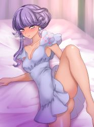 Rule 34 | 1girl, absurdres, asymmetrical hair, barefoot, bed sheet, blush, breasts, breath, chi17 chan, cleavage, collarbone, colored eyelashes, creatures (company), dress, earrings, eyelashes, eyeliner, eyeshadow, game freak, highres, jewelry, leg up, legs, light purple hair, lips, long hair, looking at viewer, lying, makeup, medium breasts, nintendo, no panties, no shoes, on side, orange eyes, parted lips, pink eyeliner, pink lips, pokemon, pokemon sv, purple dress, purple eyeshadow, short dress, smile, solo, thighs, tulip (pokemon)