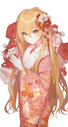Rule 34 | 1girl, absurdres, aisaka taiga, blush, brown eyes, brown hair, closed mouth, commentary, fingers together, floral print, flower, flower request, fur trim, hair between eyes, hair ornament, hands up, highres, japanese clothes, kimono, lnji (rnlwls34), long hair, looking at viewer, nengajou, new year, own hands clasped, own hands together, palmtop tiger, red flower, rope, shimenawa, simple background, solo, standing, toradora!, white background, white flower