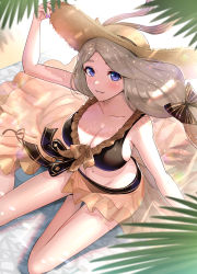 1girl absurdres bare_shoulders beach bikini black_bikini blonde_hair blue_eyes breasts cleavage collarbone female_focus fire_emblem fire_emblem:_three_houses fire_emblem_heroes from_above gonzarez hat highres large_breasts long_hair looking_at_viewer looking_up mercedes_von_martritz mercedes_von_martritz_(summer) nail_polish navel nintendo official_alternate_costume outdoors palm_tree sarong see-through_clothes shade side_ponytail sideboob smile solo sun_hat swimsuit towel tree