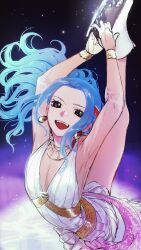 Rule 34 | 1girl, arms up, blue hair, bracelet, breasts, cleavage, commentary, dress, earrings, figure skating, figure skating dress, floating hair, hair ornament, halterneck, high ponytail, highres, ice skates, jewelry, leg lift, leg up, light particles, long hair, looking at viewer, nefertari vivi, one piece, open mouth, parted lips, skates, skating, small breasts, smile, solo, symbol-only commentary, teeth, upper teeth only, urasanmyaku, white dress, white footwear