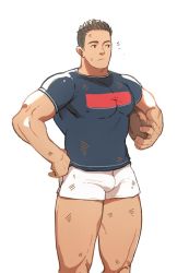 Rule 34 | 1boy, arbbun, ball, bara, bulge, covered erect nipples, dark-skinned male, dark skin, dirty, dirty clothes, dirty face, feet out of frame, large pectorals, lenny face, male focus, muscular, muscular male, original, pectorals, rugby, rugby ball, rugby uniform, shirt, short hair, short shorts, shorts, solo, sportswear, symbol-only commentary, thick thighs, thighs, tight clothes, tight shirt, white shorts