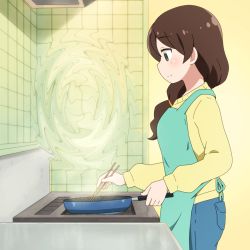 Rule 34 | 1girl, anime coloring, apron, blue apron, blue pants, blush, brown hair, chopsticks, closed mouth, commentary request, cooking, cowboy shot, denim, from side, frying pan, green eyes, highres, holding, holding chopsticks, jeans, kobayashi-san chi no maidragon, long hair, long sleeves, pants, profile, puffy long sleeves, puffy sleeves, sasakibe (maidragon), shirosato, smile, solo, standing, stove, sweater, tile wall, tiles, yellow sweater