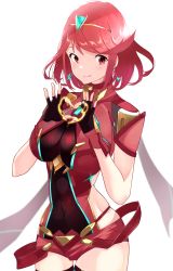 Rule 34 | 1girl, absurdres, bad id, bad twitter id, black gloves, breasts, chest jewel, earrings, fingerless gloves, gloves, highres, jewelry, large breasts, pyra (xenoblade), red eyes, red hair, red shorts, risumi (taka-fallcherryblossom), short hair, short shorts, shorts, solo, swept bangs, thighhighs, tiara, xenoblade chronicles (series), xenoblade chronicles 2