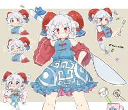 Rule 34 | 1girl, bare shoulders, blue dress, blue ribbon, blush, commission, detached sleeves, dress, closed eyes, grin, highres, horn ornament, horn ribbon, horns, meandros, multiple views, pointy ears, red eyes, red horns, red sleeves, ribbon, sheep horns, short hair, skeb commission, smile, spork, square pupils, tatutaniyuuto, touhou, toutetsu yuuma, white hair
