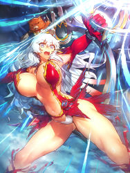 Rule 34 | 1girl, artemis (fate), artemis (third ascension) (fate), bare shoulders, boots, bow (weapon), breasts, fate/grand order, fate (series), grey eyes, highres, huge breasts, knee boots, long hair, melon22, open mouth, orion (bear) (fate), outstretched arms, panties, revision, silver hair, spread arms, stuffed animal, stuffed toy, teddy bear, underwear, weapon, white panties
