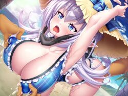 Rule 34 | 1girl, 2boys, alternate costume, aqua eyes, asahi, ass, beach, unworn blindfold, breasts, breasts squeezed together, cloud, cloudy sky, curvy, day, game cg, grabbing, grabbing another&#039;s breast, grey hair, hat, hetero, highleg, highleg swimsuit, huge ass, huge breasts, lactation, lilith-soft, long hair, military, miriam (taimanin asagi), moaning, multiple boys, ocean, official alternate costume, one-piece swimsuit, open mouth, pointy ears, pussy juice, saliva, shiny skin, sky, smile, straw hat, sweat, swimsuit, sword, taimanin (series), taimanin rpgx, tongue, tongue out, very long hair, water, weapon, wide hips, wooden sword