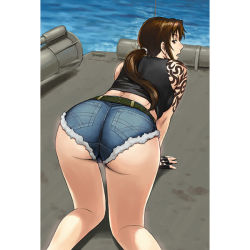 Rule 34 | 1girl, all fours, ass, azasuke, back, bare shoulders, black lagoon, brown eyes, brown hair, fingerless gloves, from behind, gloves, legs, long hair, looking back, ocean, open mouth, ponytail, preview, revy (black lagoon), short shorts, shorts, tank top, tattoo, thighs, water