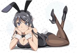Rule 34 | 1girl, animal ears, ass, bare shoulders, birthday, black bow, black bowtie, black footwear, black hair, black leotard, black pantyhose, bow, bowtie, breasts, cleavage, closed mouth, commentary, derivative work, detached collar, fake animal ears, forehead, full body, hair between eyes, hair ornament, hairclip, hands on own cheeks, hands on own face, happy birthday, high heels, highleg, highleg leotard, ikesin1983, legs up, leotard, lying, medium breasts, on stomach, pantyhose, parted bangs, playboy bunny, purple eyes, rabbit tail, sakurajima mai, seishun buta yarou, simple background, smile, solo, split mouth, tail, thighs, wrist cuffs