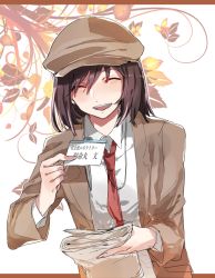 Rule 34 | 1girl, black hair, brown headwear, brown jacket, brown shorts, business card, cabbie hat, collared shirt, closed eyes, flat cap, fuuga (perv rsity), hat, holding, jacket, long sleeves, necktie, newspaper, no wings, open mouth, red necktie, shameimaru aya, shameimaru aya (newsboy), shirt, short hair, shorts, suit jacket, tie clip, touhou, white background