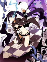 Rule 34 | 10s, 2girls, belt, bikini, bikini top only, black bikini, black hair, black rock shooter, black rock shooter (character), blue eyes, boots, chain, checkered floor, coat, dead master, female focus, flat chest, from above, full body, glowing, glowing eyes, long hair, looking up, midriff, multiple girls, navel, open mouth, pale skin, short shorts, shorts, solo, swimsuit, tamaoka kagari, twintails, very long hair