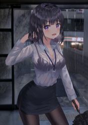 Rule 34 | 1girl, 7-eleven, :d, black bra, black hair, black skirt, black umbrella, blurry, blurry background, bra, bra visible through clothes, breasts, brown pantyhose, closed umbrella, collared shirt, commentary request, depth of field, dress shirt, fang, hand up, highres, holding, holding umbrella, id card, indoors, lanyard, looking at viewer, medium breasts, office lady, open mouth, original, pantyhose, pencil skirt, purple eyes, rain, ruda (ruda e), see-through, shirt, skirt, smile, solo, standing, umbrella, underwear, wet, wet clothes, wet shirt, white shirt