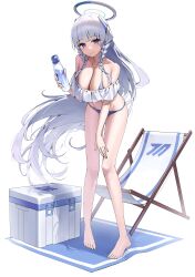 Rule 34 | 1girl, absurdres, bare legs, bare shoulders, barefoot, bikini, blue archive, blue bikini, blush, bottle, braid, breasts, cleavage, closed mouth, collarbone, grey hair, halo, highres, holding, holding bottle, large breasts, leaning forward, long hair, looking at viewer, mechanical halo, noa (blue archive), purple eyes, sbgu, shadow, simple background, smile, solo, standing, swimsuit, twin braids, white background