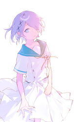 Rule 34 | 1girl, blue eyes, blue sailor collar, dress, fifuth, hair ornament, hair over one eye, highres, looking at viewer, neck ribbon, open hand, original, parted lips, purple hair, ribbon, sailor collar, sailor dress, school uniform, short hair, short sleeves, simple background, skirt, solo, standing, white background, white dress, white skirt, x hair ornament, yellow ribbon