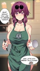 Rule 34 | 1girl, absurdres, apron, ass, barista, blurry, brand name imitation, breasts, cafe, cameo, coffee cup, collarbone, commentary, cup, depth of field, disposable cup, dual wielding, english commentary, eyewear on head, green apron, hair between eyes, highres, hinghoi, holding, holding cup, holding marker, honkai: star rail, honkai (series), iced latte with breast milk (meme), indoors, kafka (honkai: star rail), large breasts, looking at viewer, marker, meme, naked apron, pom-pom (honkai: star rail), purple eyes, purple hair, sideboob, sidelocks, sleeveless, smile, solo, starbucks, stelle (honkai: star rail), sunglasses, trailblazer (honkai: star rail), yuri