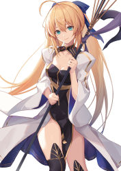 Rule 34 | 1girl, artoria caster (fate), artoria caster (third ascension) (fate), artoria pendragon (fate), blonde hair, breasts, capelet, dress, fate/grand order, fate (series), gloves, green eyes, hair between eyes, hair ribbon, hat, holding, holding staff, long hair, long sleeves, looking at viewer, medium breasts, pelvic curtain, ribbon, sakanasoko, simple background, smile, solo, staff, thighhighs, twintails, white background