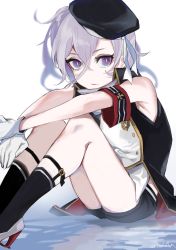 Rule 34 | 1girl, absurdres, armband, armpit crease, azur lane, beret, black hat, black socks, commentary request, cross, expressionless, feet out of frame, gloves, hair between eyes, hat, highres, iron cross, knees up, looking at viewer, purple eyes, short shorts, shorts, signature, sitting, sleeveless, socks, solo, tkmkm75, twitter username, vest, white gloves, white hair, z1 leberecht maass (azur lane)