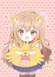 Rule 34 | 1girl, absurdres, aisaka taiga, animal ear fluff, animal ears, black thighhighs, blue skirt, blush, brown hair, chibi, chinese commentary, commentary request, fang, hair between eyes, heart, heart background, highres, jacket, long hair, long sleeves, looking at viewer, luobo1220, open mouth, palmtop tiger, pink background, pleated skirt, red eyes, red jacket, skin fang, skirt, smile, tail, thighhighs, tiger ears, tiger tail, toradora!, translation request, zettai ryouiki