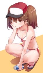 Rule 34 | 1girl, alternate costume, baseball cap, bikini, blush, breasts, brown eyes, brown hair, can, collarbone, feet, flip-flops, front-tie bikini top, front-tie top, hair between eyes, hand on own cheek, hand on own face, hat, highres, kantai collection, konnyaku (kk-monmon), looking at viewer, open mouth, ryuujou (kancolle), sandals, side-tie bikini bottom, small breasts, solo, squatting, swimsuit, toes, twintails, white bikini