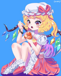 Rule 34 | 1girl, absurdres, ascot, blonde hair, blue background, bobby socks, collared shirt, eating, flandre scarlet, food, frilled shirt collar, frilled skirt, frilled sleeves, frilled socks, frills, full body, hat, hat ribbon, highres, holding, holding spoon, looking at viewer, mibukyt, mob cap, multicolored wings, nail polish, open mouth, pink nails, pudding, puffy short sleeves, puffy sleeves, red eyes, red footwear, red ribbon, red skirt, red vest, ribbon, ribbon-trimmed headwear, ribbon trim, shirt, short sleeves, side ponytail, simple background, skirt, skirt set, socks, solo, spoon, teeth, touhou, upper teeth only, vest, white hat, white shirt, white socks, wings, yellow ascot
