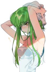 Rule 34 | 1girl, armpits, bare arms, bare shoulders, blush, breasts, c.c., cleavage, code geass, creayus, green hair, hands up, highres, long hair, looking at viewer, medium breasts, naked towel, parted lips, simple background, solo, towel, towel on head, upper body, wet, white background, white towel, yellow eyes