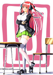 Rule 34 | 1girl, arms under breasts, black cardigan, black footwear, black ribbon, blue eyes, blunt bangs, blush, breasts, butterfly hair ornament, cardigan, chair, desk, fer yoshimiya, go-toubun no hanayome, green skirt, hair ornament, highres, large breasts, loafers, looking at viewer, nakano nino, open cardigan, open clothes, pink hair, ribbon, school chair, school desk, school uniform, shirt, shoes, simple background, skirt, sleeves past wrists, smile, thick thighs, thighhighs, thighs, twintails, white shirt, white thighhighs, zettai ryouiki