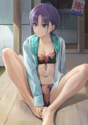 Rule 34 | 1girl, absurdres, ano (gccx8784), asakura toru, bare legs, barefoot, bikini, breasts, cleavage, collarbone, commentary request, feet, highres, hood, hooded jacket, idolmaster, idolmaster shiny colors, jacket, knees apart feet together, knees up, legs, looking to the side, multicolored bikini, multicolored clothes, navel, print bikini, purple hair, short ponytail, sitting, small breasts, solo, stomach, swimsuit, wooden floor