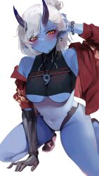 Rule 34 | 1girl, arm behind head, bead bracelet, beads, blue skin, bracelet, breasts, cardigan, closed mouth, clothing cutout, colored skin, covered navel, dokuro deluxe, earrings, eyelashes, hair bun, highres, horns, jewelry, kneeling, leotard, magatama, magatama necklace, mechanical arms, necklace, open cardigan, open clothes, orange eyes, original, pointy ears, red cardigan, second-party source, single mechanical arm, solo, two-tone leotard, underboob, underboob cutout, white hair, white leotard